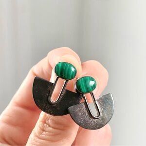 vintage 70s / 80s folk-art brutalist silver post earrings with malachite